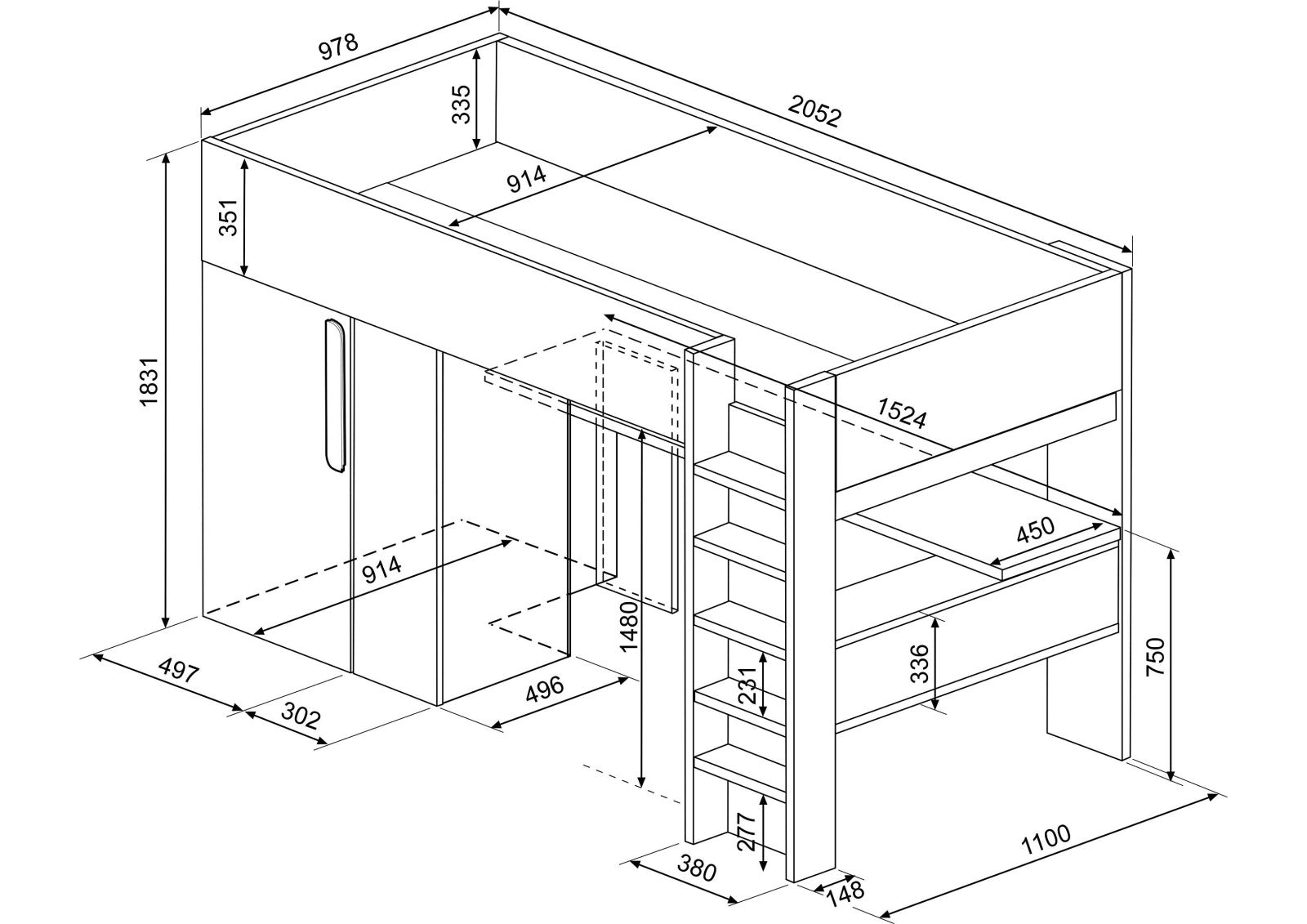 Trasman Studio Loftsäng med Garderob 90x200 - rökblå image