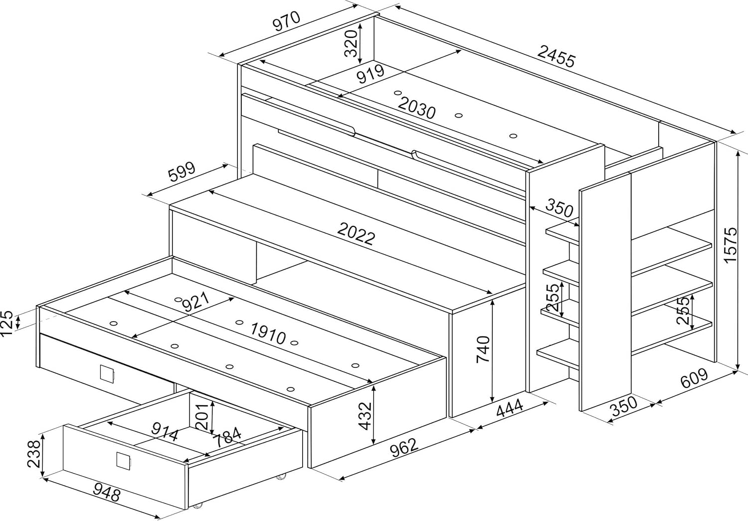 Sindre multifunktionell loftsäng med skrivbord och utdragbar säng - Vit image