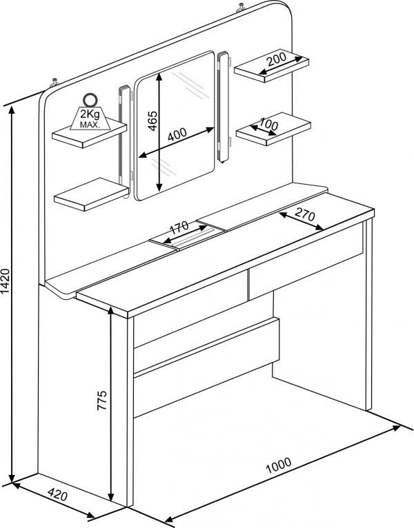 Sminkebord Secret med LED-lys, praktiske mål image